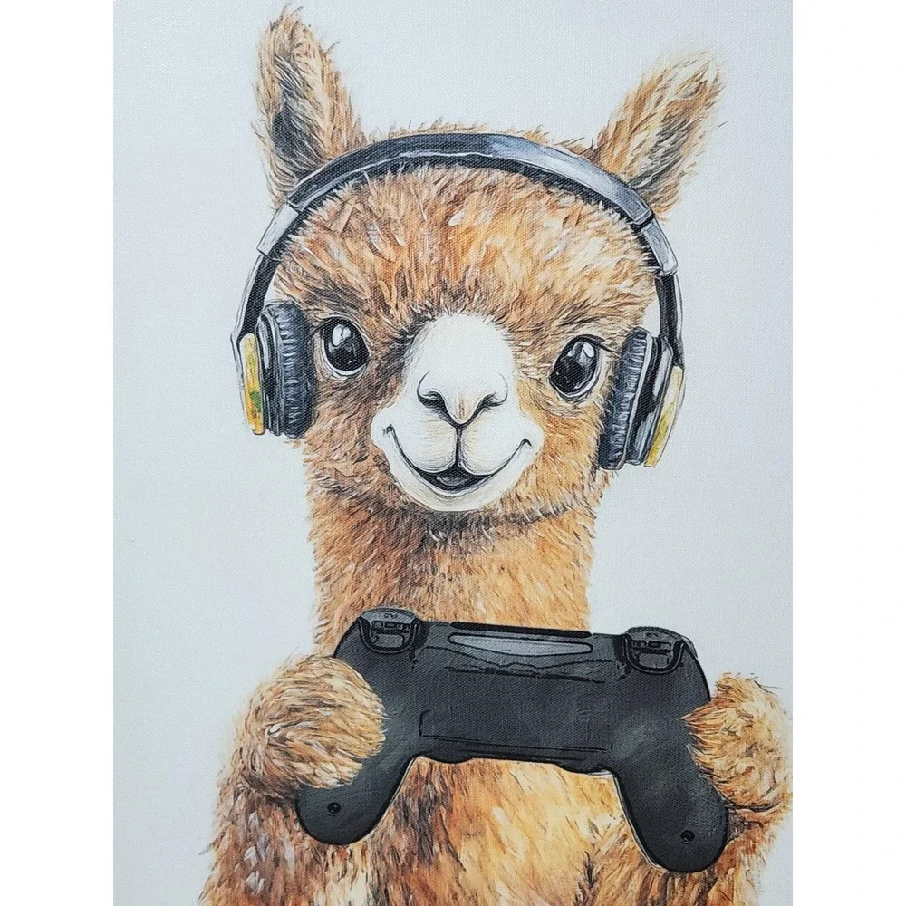Llama Gamer Canvas Wall Art Gaming Room Decor 12x16 Animal with Headphones